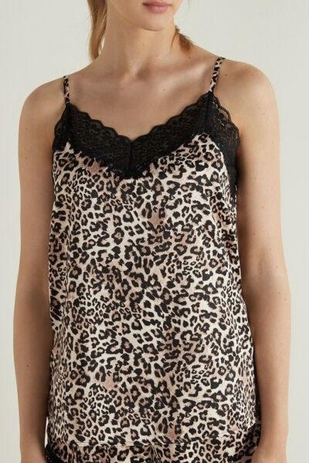 Tezenis - Brown Animal Print Satin And Lace Camisole