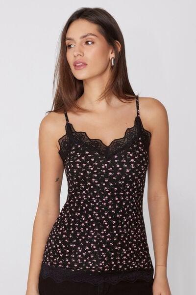Black Flowers V-Neck Lace Insert Camisole, 5701_206Z, large image number 1