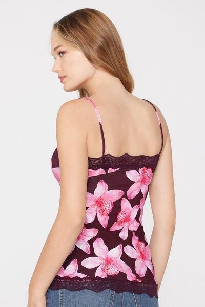 Pink Printed V-Neck Lace Insert Camisole, 5701_571Z, large image number 2