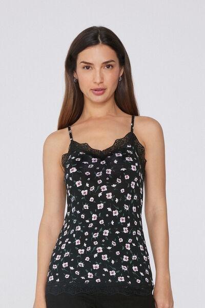 NERO STAMPA MIDNIGHT FLOWERS V-Neck Camisole with Lace Insert, , medium