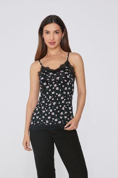 NERO STAMPA MIDNIGHT FLOWERS V-Neck Camisole with Lace Insert, , large image number 1