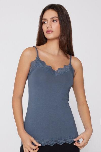 Blue Viscose And Lace Thin Shoulder Straps And V-Neck Camisole, 5701_213Z, large image number 1