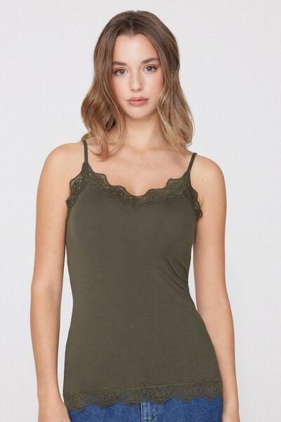 Green Viscose And Lace Thin Shoulder Straps And V-Neck Camisole, 5701_226Z, large image number 1