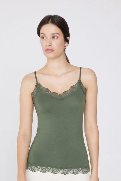 Green Viscose And Lace Camisole And V-Neck, , large image number 0