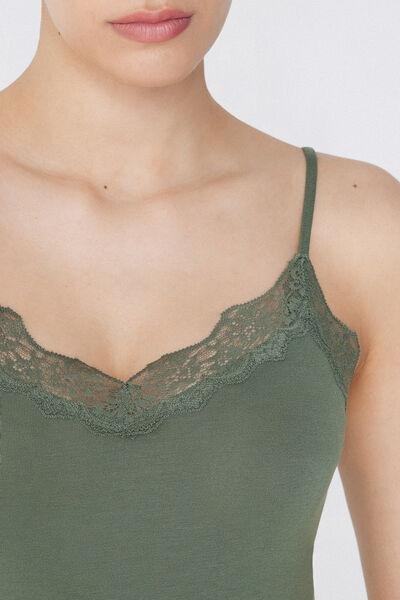 Green Viscose And Lace Camisole And V-Neck, , large image number 3