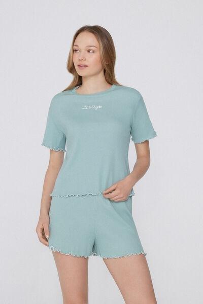 LOVELY GREEN Short-Sleeved Short Ribbed Pyjamas with Embroidery, , large image number 0