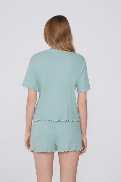 LOVELY GREEN Short-Sleeved Short Ribbed Pyjamas with Embroidery, , large image number 1