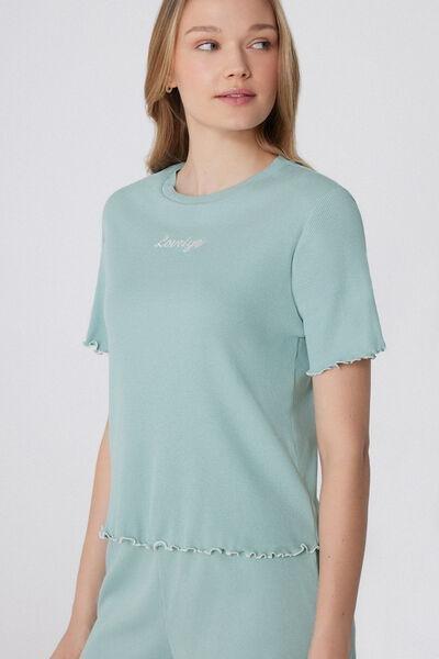 LOVELY GREEN Short-Sleeved Short Ribbed Pyjamas with Embroidery, , large image number 2