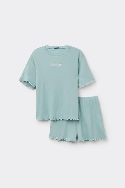 LOVELY GREEN Short-Sleeved Short Ribbed Pyjamas with Embroidery, , large image number 3