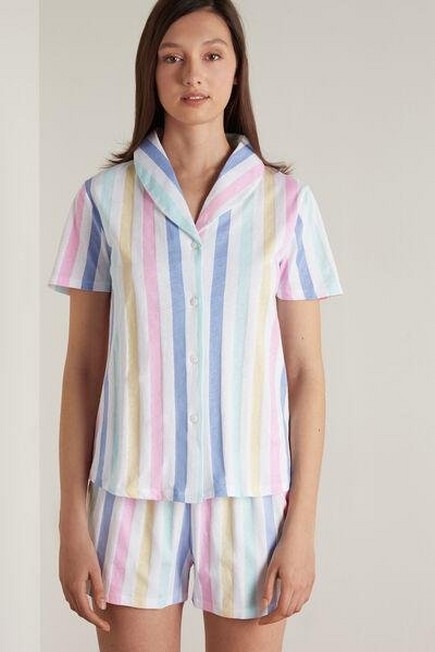 Tezenis - White Multi-Coloured Stripe Short Sleeve Cotton Pyjamas