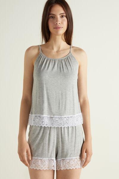 LIGHT GREY BLEND/WHITE Viscose and Lace Short Pyjamas, , large image number 2