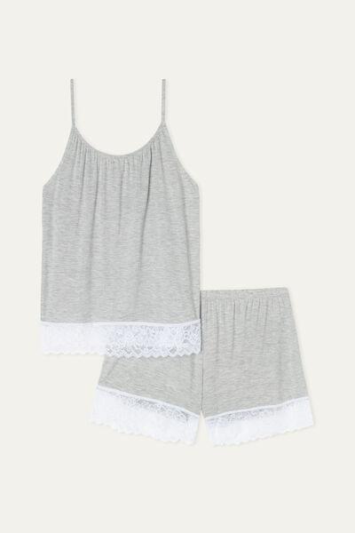 LIGHT GREY BLEND/WHITE Viscose and Lace Short Pyjamas, , large image number 4