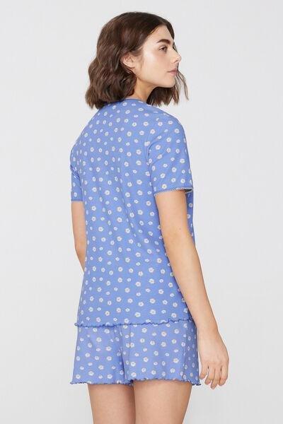 Blue Daisy Print Short Ribbed Cotton Pyjama Set, 5701_178Z, large image number 1
