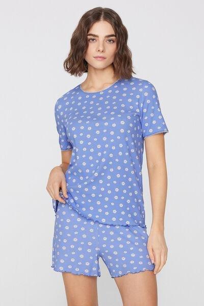 Blue Daisy Print Short Ribbed Cotton Pyjama Set, 5701_178Z, large image number 2
