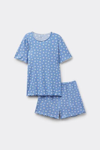 Blue Daisy Print Short Ribbed Cotton Pyjama Set, 5701_178Z, large image number 3