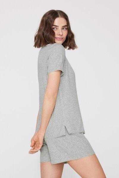 Grey Ribbed Cotton Scalloped Pyjama Set, Light Grey Blend, large image number 0