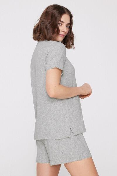 Grey Ribbed Cotton Scalloped Pyjama Set, Light Grey Blend, large image number 1