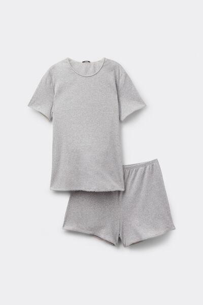 Grey Ribbed Cotton Scalloped Pyjama Set, Light Grey Blend, large image number 3