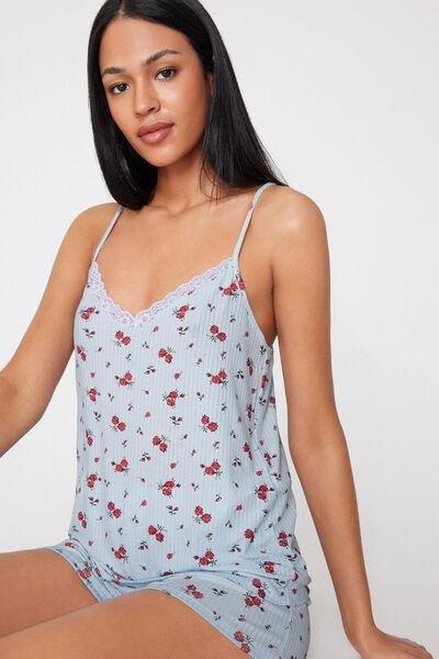 Blue Ribbed Viscose And Lace Short Pyjama Set, 5701_315Z, large image number 0