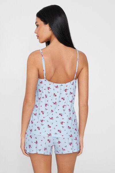 Blue Ribbed Viscose And Lace Short Pyjama Set, 5701_315Z, large image number 1
