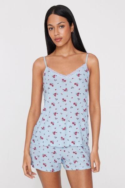 Blue Ribbed Viscose And Lace Short Pyjama Set, 5701_315Z, large image number 2