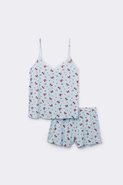 Blue Ribbed Viscose And Lace Short Pyjama Set, 5701_315Z, large image number 3