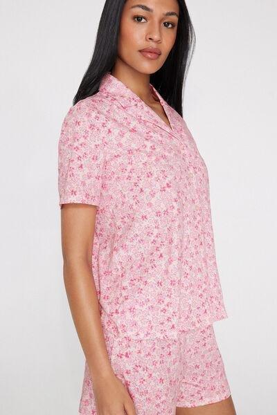 Pink Flower Print Short Cotton Button-Up Pyjama Set, 5701_351Z, large image number 2