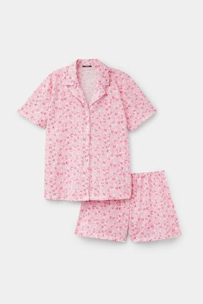Pink Flower Print Short Cotton Button-Up Pyjama Set, 5701_351Z, large image number 3
