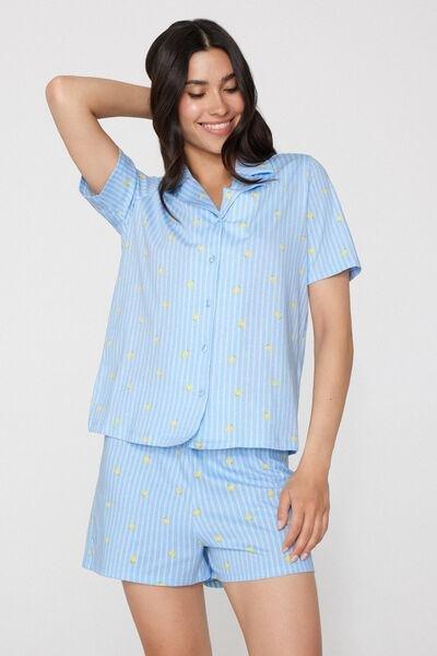 Blue Lemon Print Button-Up Cotton Pyjama Set, 5701_314Z, large image number 0