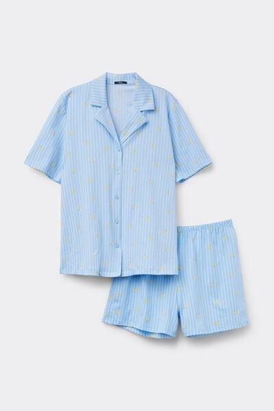 Blue Lemon Print Button-Up Cotton Pyjama Set, 5701_314Z, large image number 3