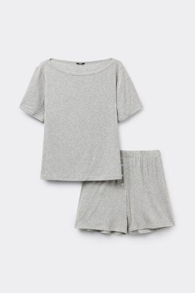 Grey Short Ribbed Viscose Pyjama Set, Light Grey Blend, large image number 3