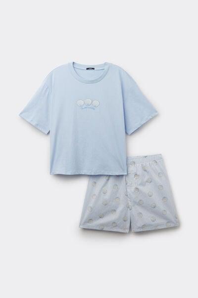 Blue Shell-Embroidered Cotton Pyjama Set, 5701_355Z, large image number 3