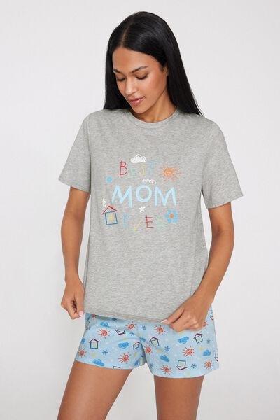 Grey Best Mom Print Short Cotton Pyjama Set, 5701_331Z, large image number 0