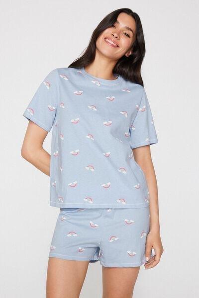 Blue Rainbow Print Short Cotton Pyjama Set, 5701_354Z, large image number 0