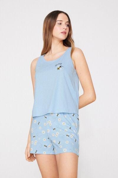 Blue Bee Print Short Cotton Pyjama Set, 5701_312Z, large image number 0