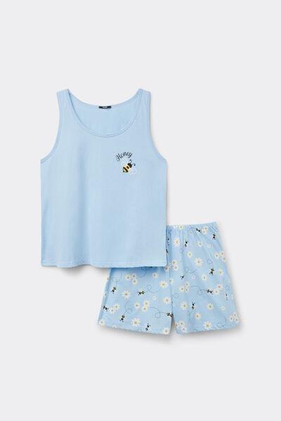 Blue Bee Print Short Cotton Pyjama Set, 5701_312Z, large image number 3