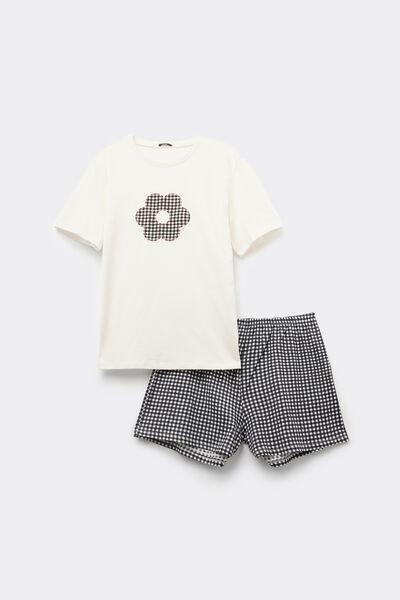 Black Short-Sleeved Flower Patch Pyjama Set, 5701_509Z, large image number 3