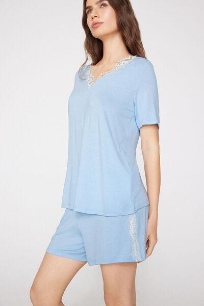 Blue Viscose And Lace Short V-Neck Pyjama Set, 5701_480Z, large image number 0
