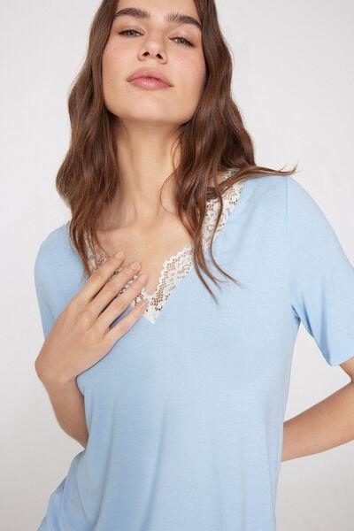 Blue Viscose And Lace Short V-Neck Pyjama Set, 5701_480Z, large image number 2