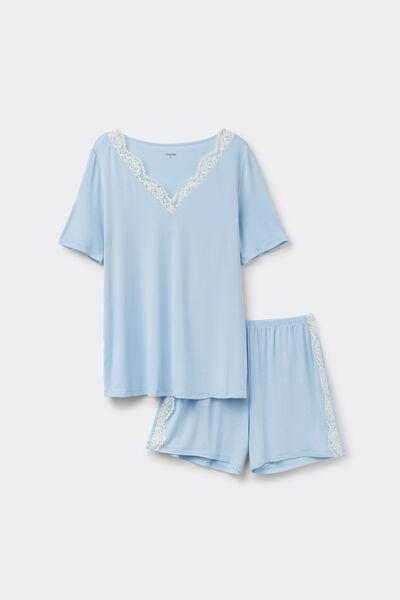 Blue Viscose And Lace Short V-Neck Pyjama Set, 5701_480Z, large image number 3