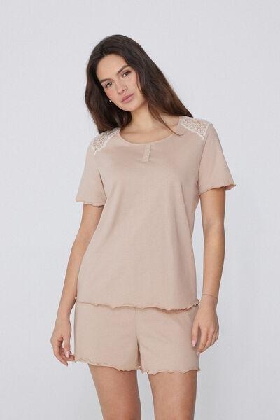 Beige Half Sleeve Pyjama Set, , large image number 0