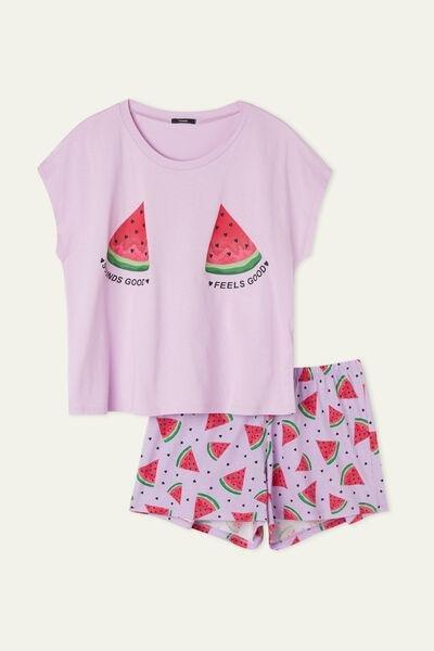 Purple Short Sleeve Short Cotton Watermelon Print Pyjamas, , large image number 4