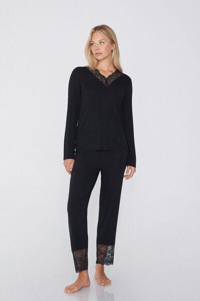 Black Lace-Trimmed Long Pyjamas, , large image number 0