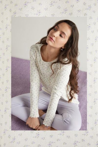 White Printed Long Ribbed Pyjamas, 5701_551U, large image number 0
