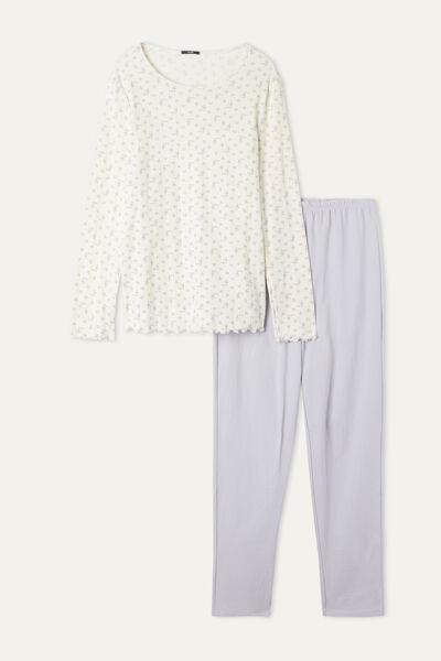 White Printed Long Ribbed Pyjamas, 5701_551U, large image number 4