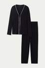Tezenis - BLACK/MILK WHITE Long Open V-Neck Pyjamas with Piping Detail