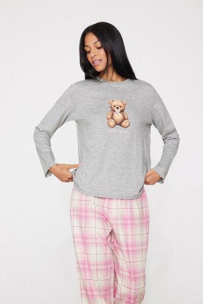 Grey Teddy Print Long Cotton Pyjama Set, 5701_505Z, medium