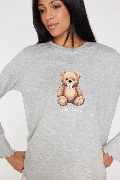 Grey Teddy Print Long Cotton Pyjama Set, 5701_505Z, large image number 2