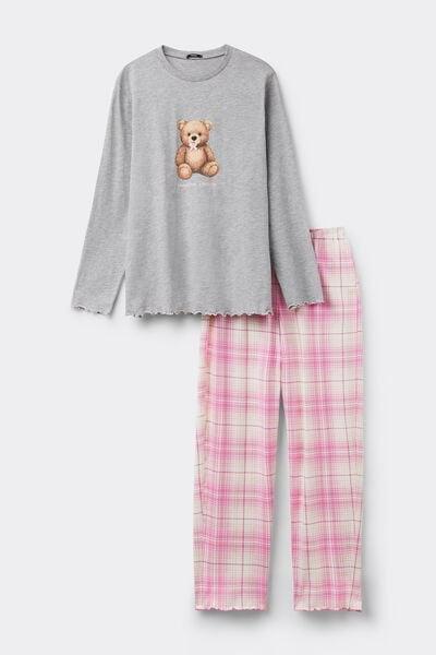 Grey Teddy Print Long Cotton Pyjama Set, 5701_505Z, large image number 3