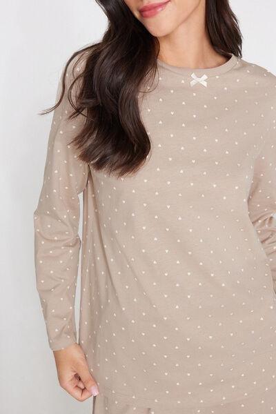 Beige Small Heart Print Cotton Pyjama Set, 5701_494Z, large image number 2